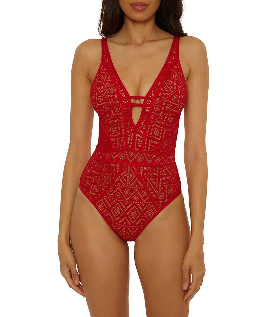 Becca Swim Women's Show & Tell Crochet Color Play Plunge One Piece Swimsuit