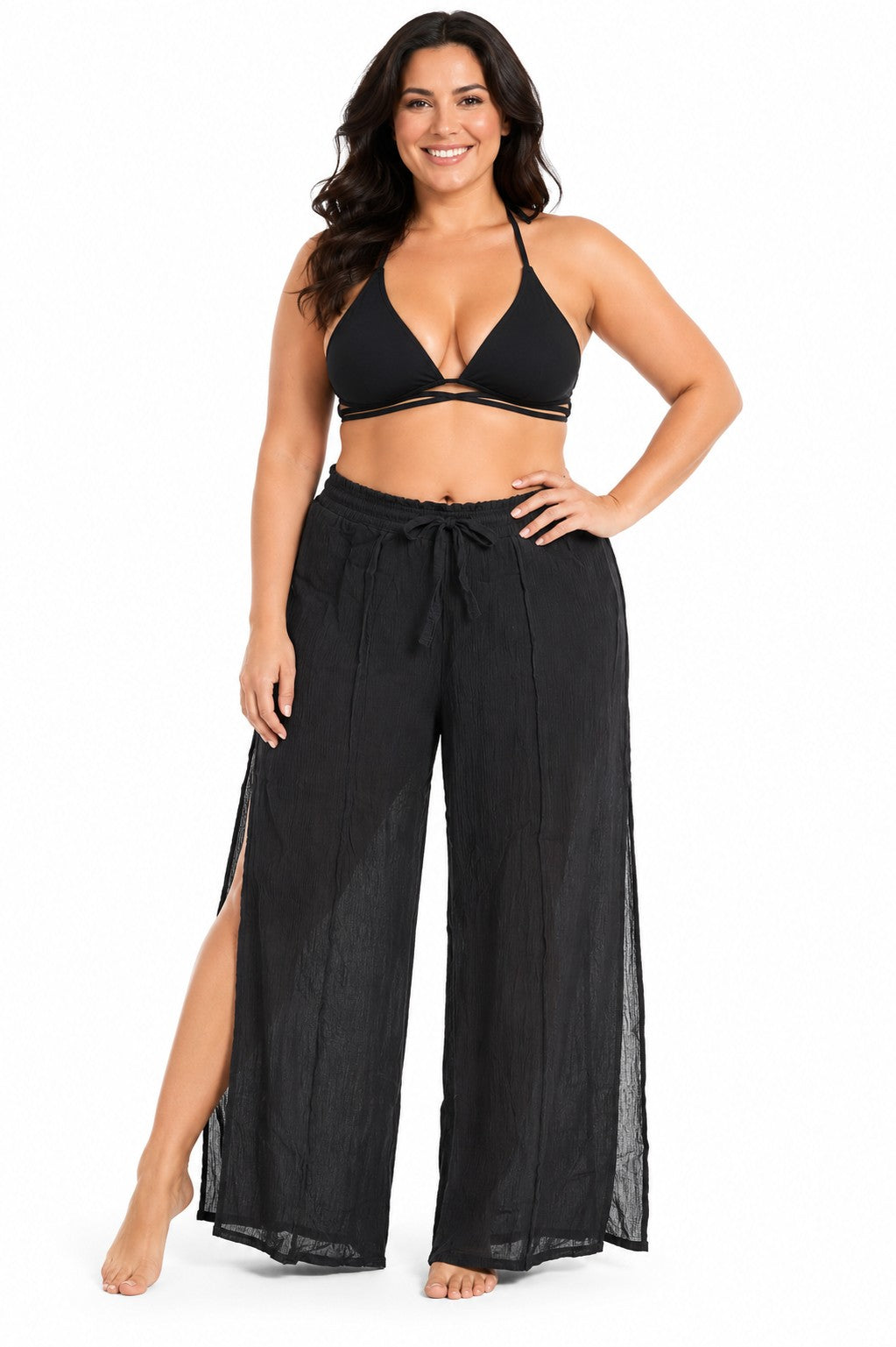 Modern Muse Crinkled Rayon Mock Wrap Pants Cover-Up