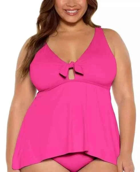 Becca ETC Plus Size Womans Solid Color Code Tie-Front Peplum Tankini Swim Top