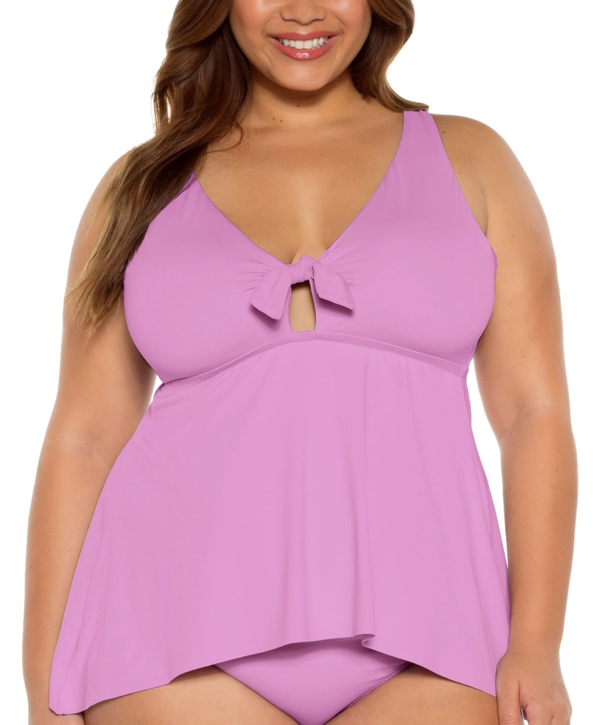 Becca ETC Plus Size Womans Solid Color Code Tie-Front Peplum Tankini Swim Top