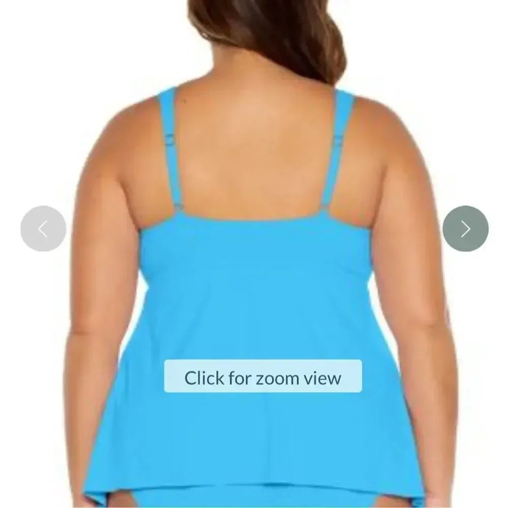 Becca ETC Plus Size Womans Solid Color Code Tie-Front Peplum Tankini Swim Top
