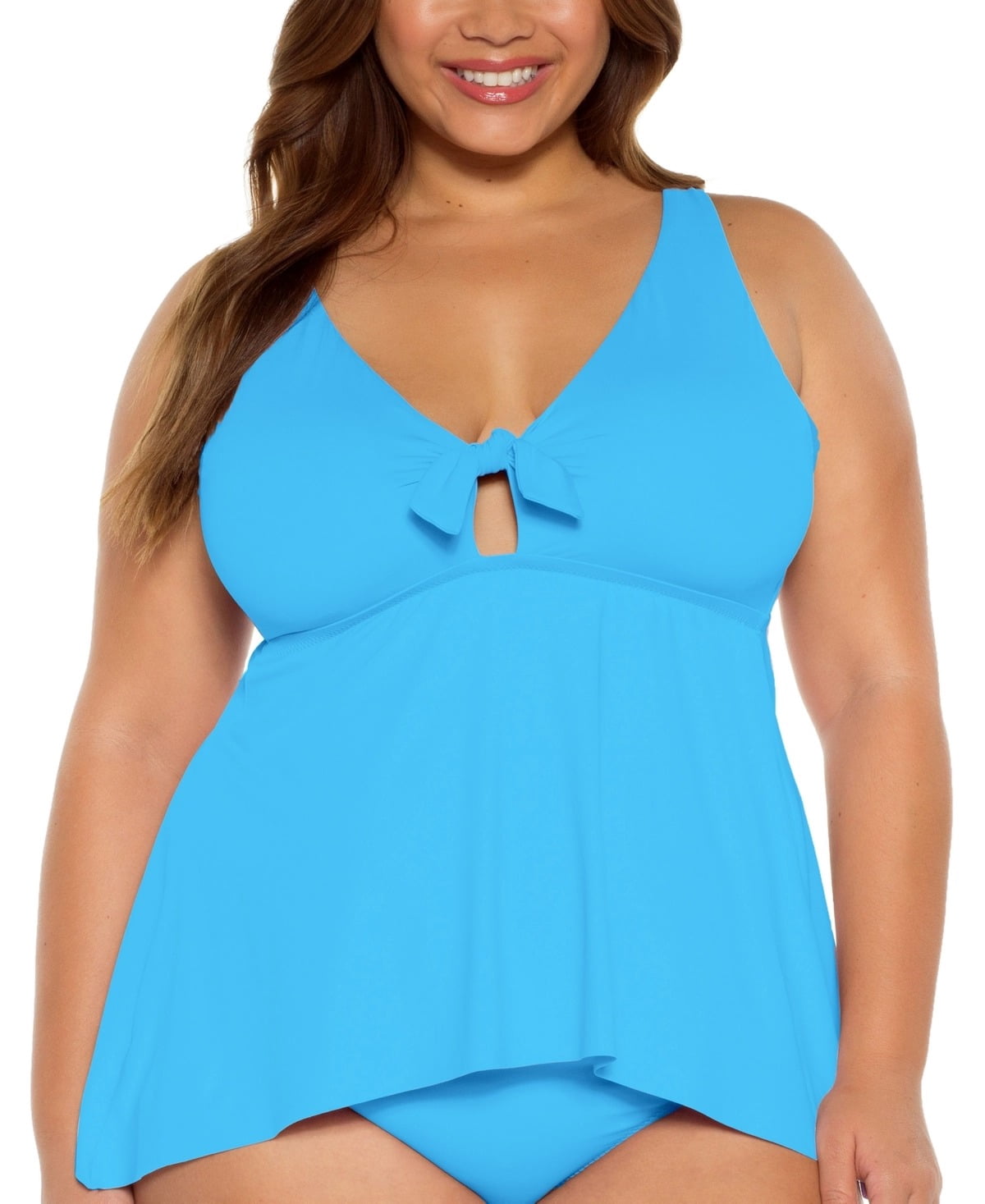 Becca ETC Plus Size Womans Solid Color Code Tie-Front Peplum Tankini Swim Top
