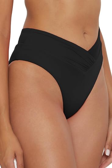 Becca Swim Women's Solid Color Code High Waisted Shirred Bikini Bottom