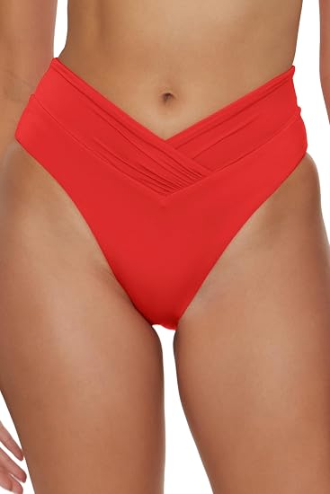 Becca Swim Women's Solid Color Code High Waisted Shirred Bikini Bottom
