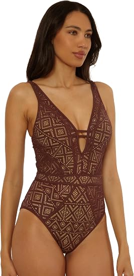 Becca Swim Women's Show & Tell Crochet Color Play Plunge One Piece Swimsuit
