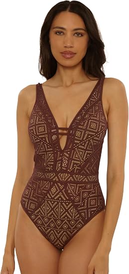 Becca Swim Women's Show & Tell Crochet Color Play Plunge One Piece Swimsuit