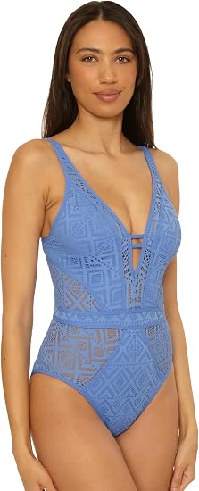 Becca Swim Women's Show & Tell Crochet Color Play Plunge One Piece Swimsuit