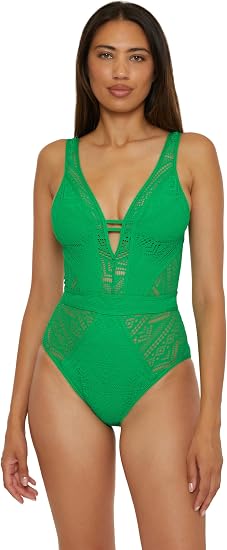 Becca Swim Castaway Crochet Plunge One Piece Swimsuit