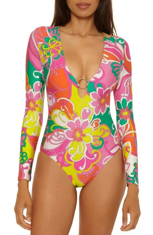 Trina Turk Swim Elara Print Long Sleeve One Piece Paddlesuit