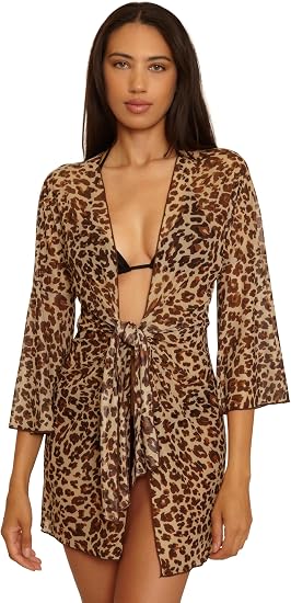 Becca Swim Women's Safari Leopard Stretch Mesh Tie Front Tunic. Beach Cover Up