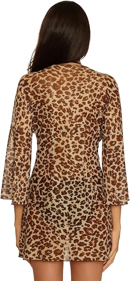 Becca Swim Women's Safari Leopard Stretch Mesh Tie Front Tunic. Beach Cover Up
