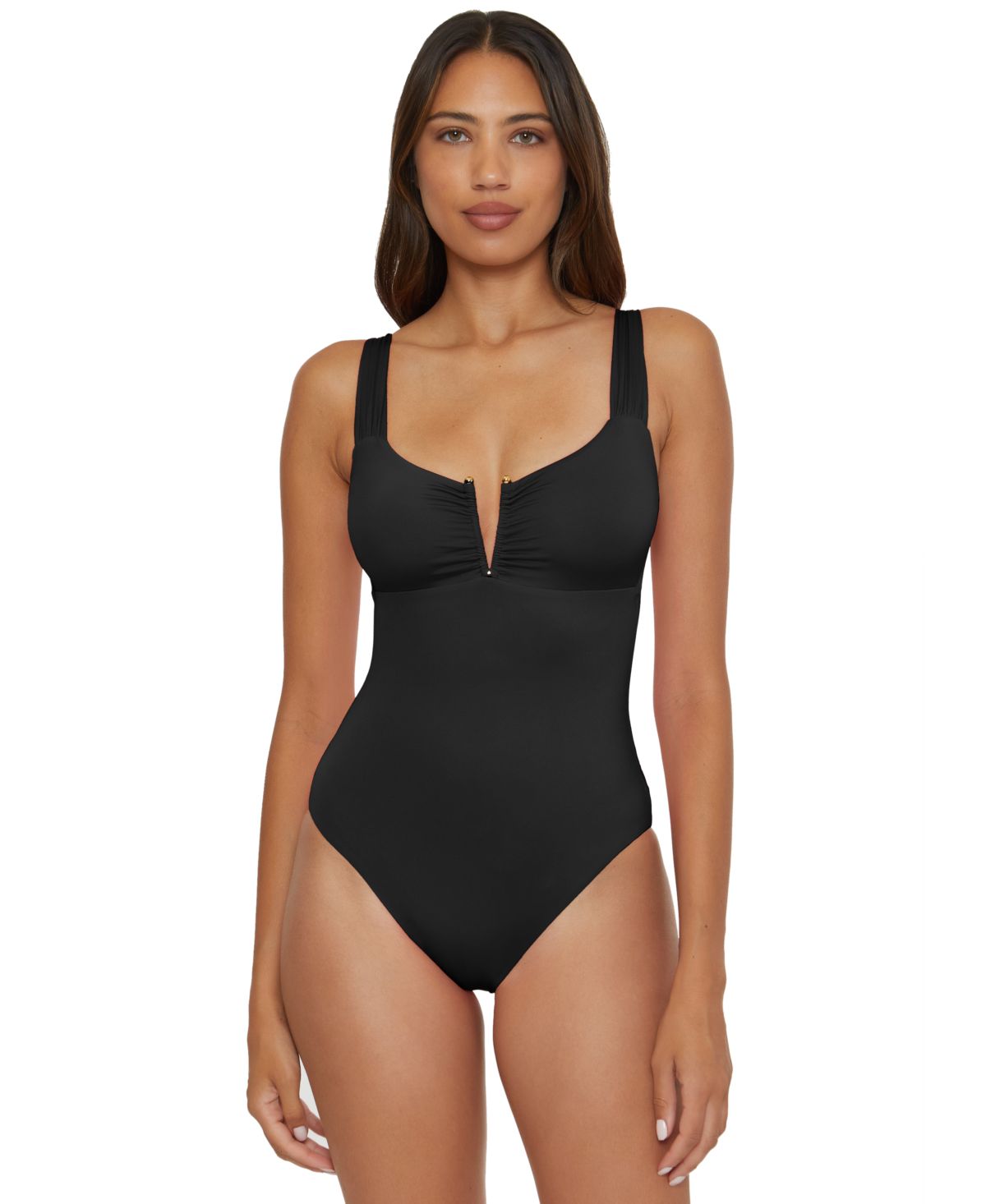 Becca Swim Women's Solid Color Code V-Neck One-Piece Swimsuit