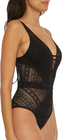 Becca Swim Women's Show & Tell Crochet Color Play Plunge One Piece Swimsuit