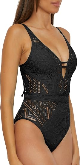 Becca Swim Women's Show & Tell Crochet Color Play Plunge One Piece Swimsuit