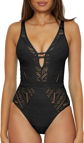Becca Swim Women's Show & Tell Crochet Color Play Plunge One Piece Swimsuit