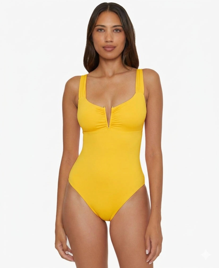 Becca Swim Women's Solid Color Code V-Neck One-Piece Swimsuit