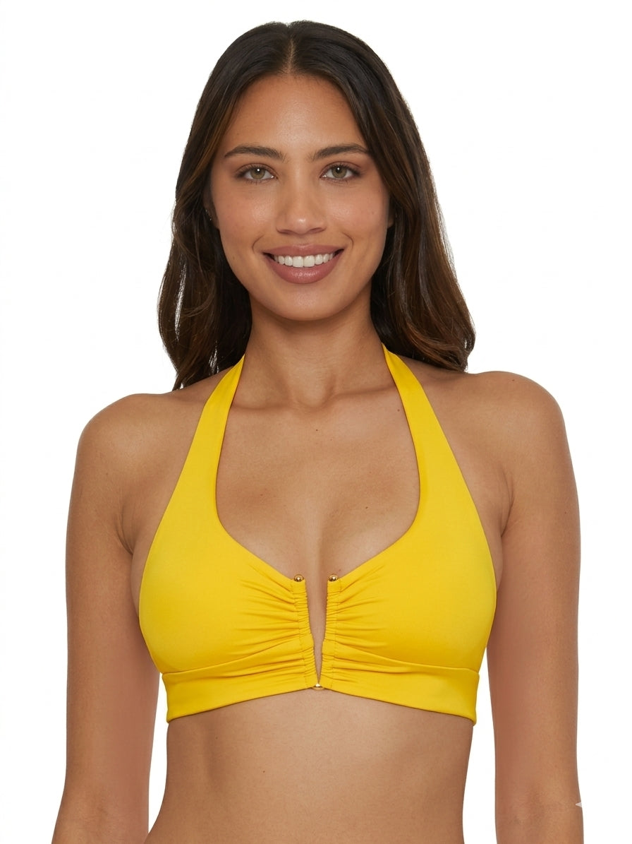 Becca Swim Women's Solid Color Code V-Neck Halter Bikini Top