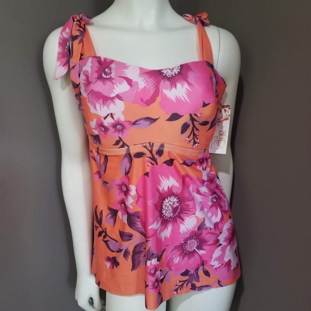 Becca ETC In Full Bloom Plus Size Women's Tie-Shoulder Tankini Top