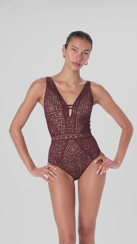 Becca Swim Women's Show & Tell Crochet Color Play Plunge One Piece Swimsuit