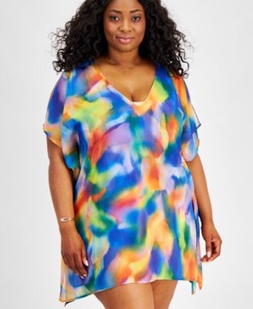 Becca ETC Plus Size Women's Paper Mache Print Mesh Tunic Coverup